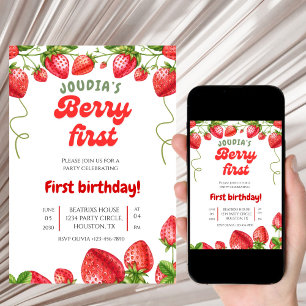 Cute Red Berry First Birthday Watercolor  Invitation