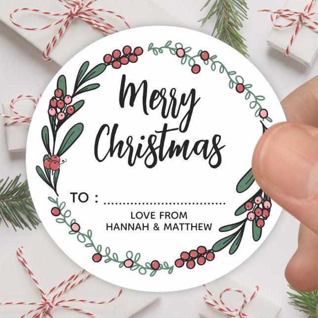 Cute Red Berry Wreath Christmas Classic Round Sticker (Creator Uploaded)