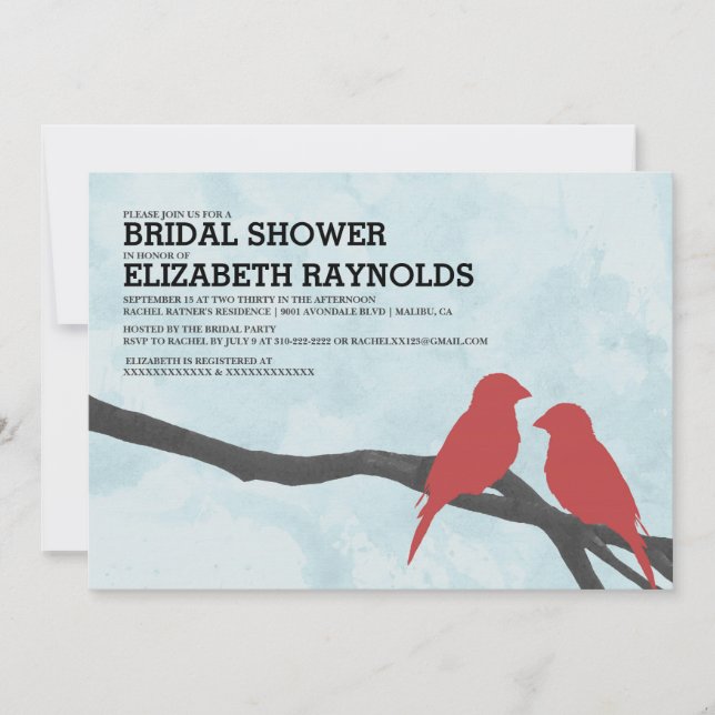Cute Red Bird Bridal Shower Invitations (Front)