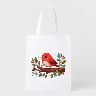 Cute Red Bird on a Branch with Flowers Grocery Bag