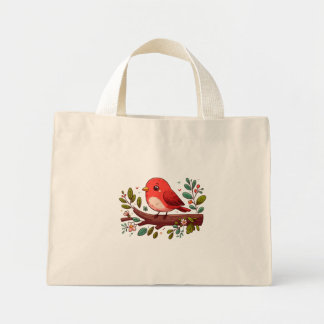 Cute Red Bird on a Branch with Flowers Mini Tote Bag