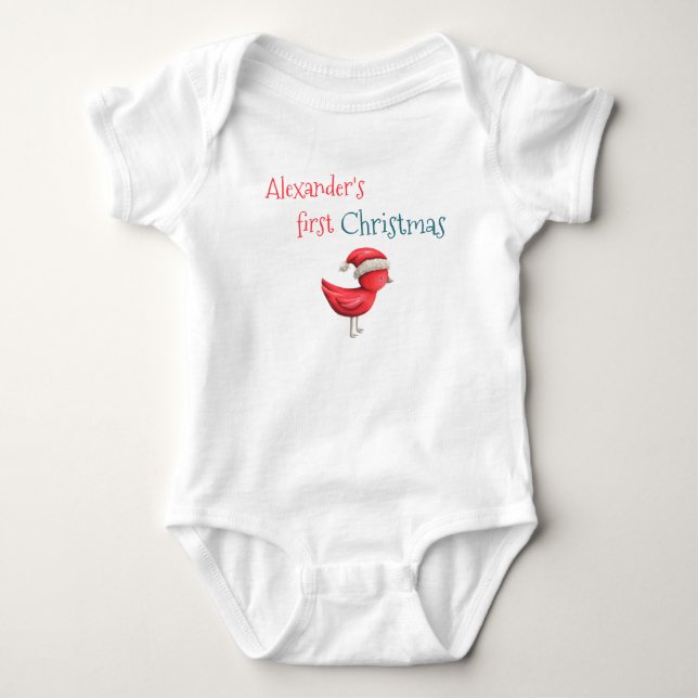 Cute Red Bird Santa Hat Grandson First Christmas Baby Bodysuit (Front)