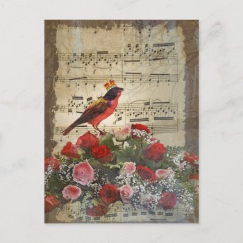 Cute Red Bird & Vintage Music Sheet Postcard by vintageprintstore at Zazzle