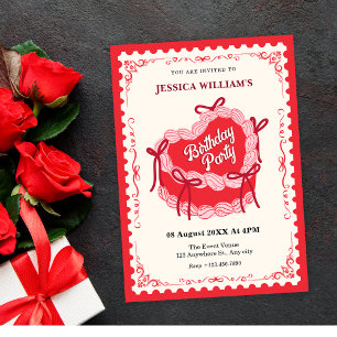 Cute red birthday bow cake  invitation