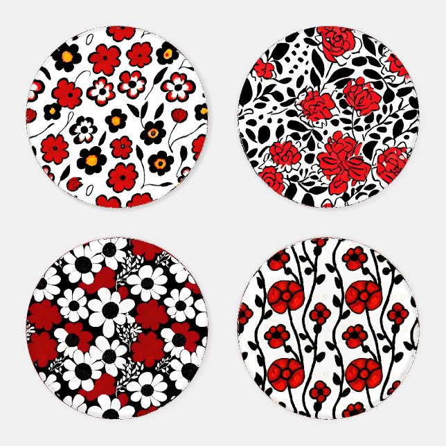 Cute Red, Black and White Flower Pattern Coaster Set (Set)