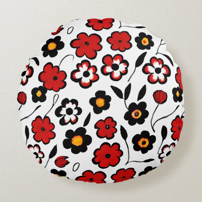 Cute Red, Black and White Flower Pattern Round Pillow (Front)