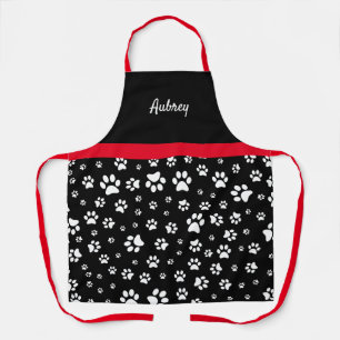 Cute Red Black and White Paw Print Personalized Apron