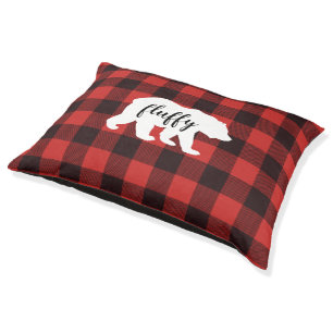 Cute Red & Black Buffalo Plaid Monogram Pet Bed