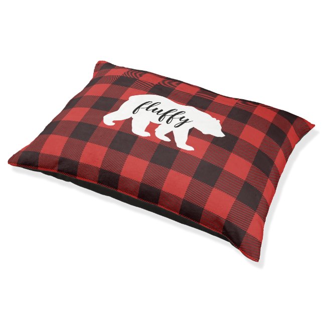 Cute Red & Black Buffalo Plaid Monogram Pet Bed (Angled)