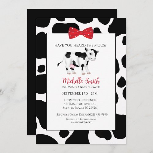 Cute Red Black Cow Print Baby Shower Scallop    Invitation