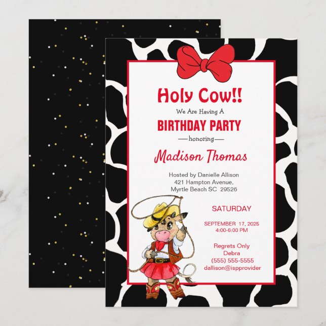 Cute Red Black Cowgirl Birthday Party Invitation (Front/Back)