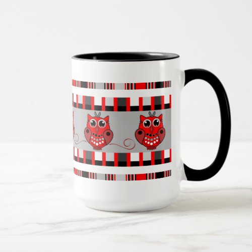 Cute redblackgrey Mug Owls and geometric shapes