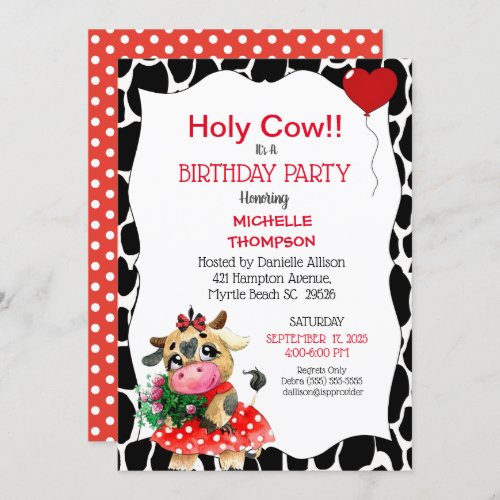 Cute Red Black Holy Cow Print Birthday Party   Invitation