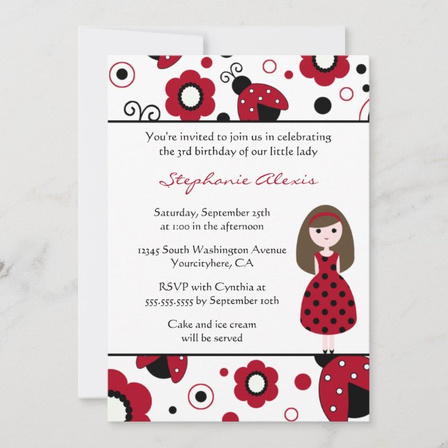 Cute red black lady bugs birthday party invitation (Front)