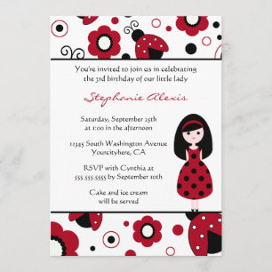 Cute red black lady bugs birthday party invitation