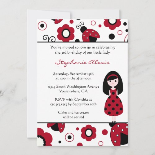 Cute red black lady bugs birthday party invitation