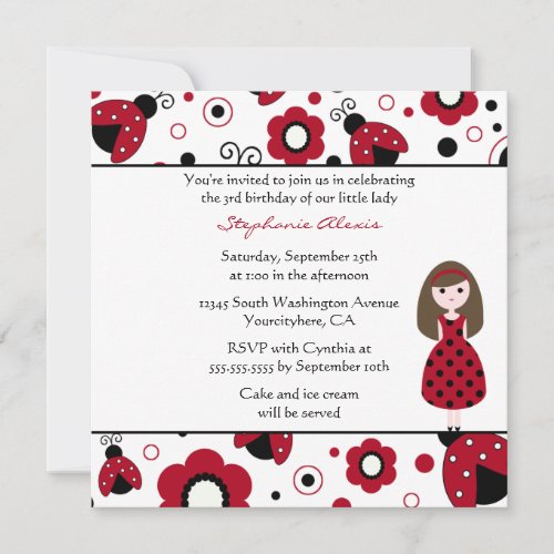 Cute red black lady bugs birthday party invitation