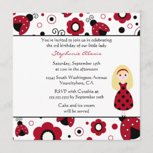 Cute red black lady bugs birthday party invitation