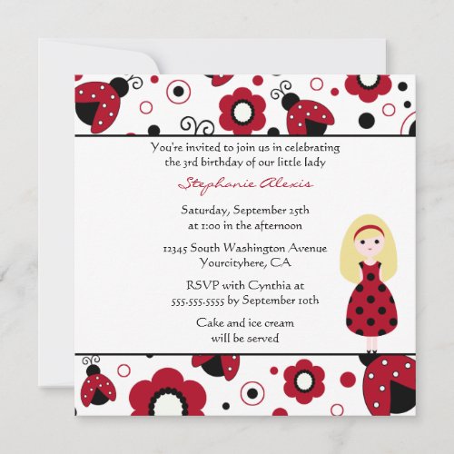 Cute red black lady bugs birthday party invitation