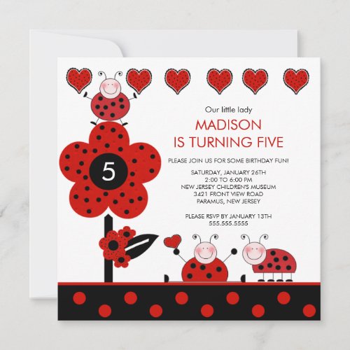 Cute Red  Black Ladybug Birthday Invitation