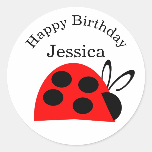 Cute Red Black Ladybug Name Birthday  Classic Round Sticker (Front)