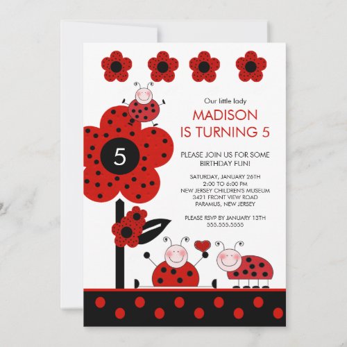 Cute Red  Black Ladybugs Birthday Invitation