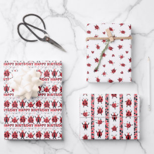 Cute Red Black Ladybugs Happy Birthday Kids' Wrapping Paper Sheets