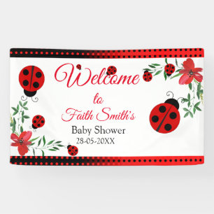 Cute Red & black Ladybugs Watercolor Flowers Banner