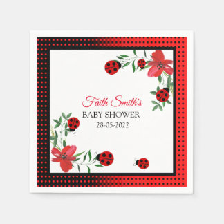 Cute Red & black Ladybugs | Watercolor Flowers Napkins