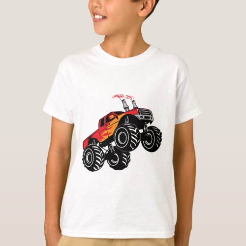 Cute Red Black Monster Truck Kids T_Shirt