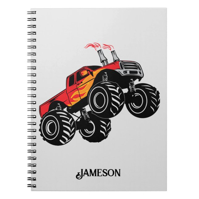 Cute Red Black Monster Truck Name Personalized Notebook (Front)