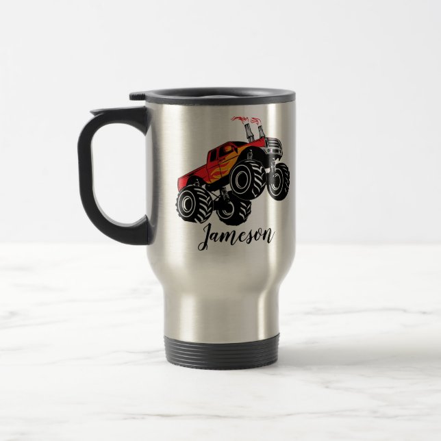 Cute Red Black Monster Truck Name Personalized Travel Mug (Left)