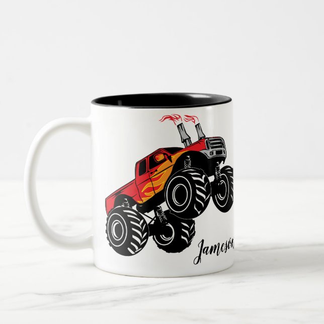 Cute Red Black Monster Truck Name Personalized Two-Tone Coffee Mug (Left)
