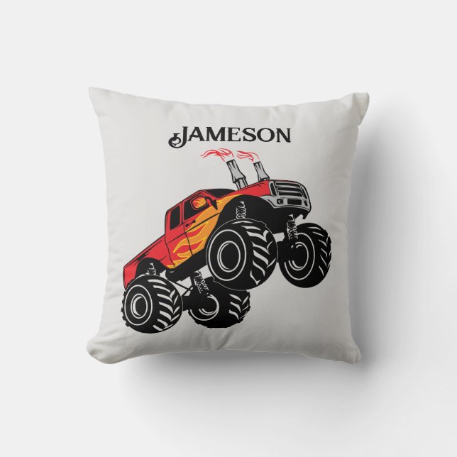 Cute Red Black Monster Truck Pick Up Throw Pillow (Front)