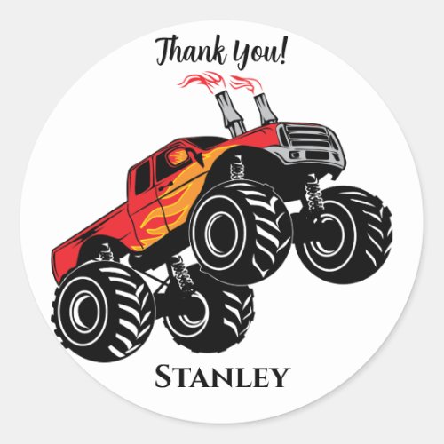 Cute Red Black Name Monster Truck Thank You Classic Round Sticker