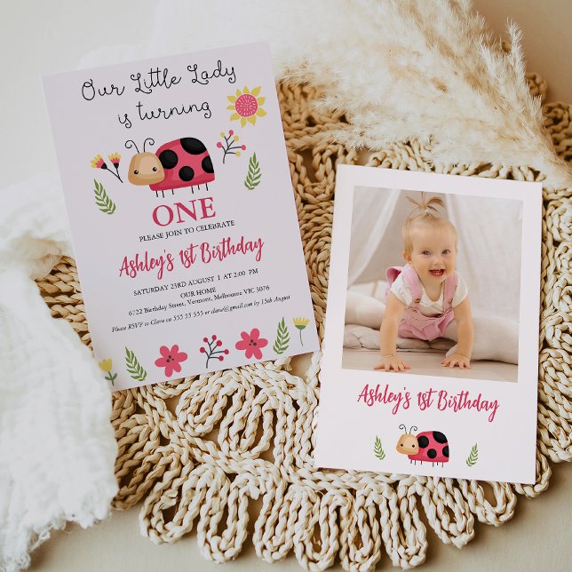 Cute Red Black Our Little Ladybug 1st Birthday Invitation (Ladybug Themed 1st Birthday Invitation Template with Photo,
Our Little Lady Ladybug Birthday Invite)
