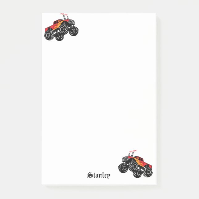Cute Red Black Personalized Monster Truck Post-it Notes (Front)