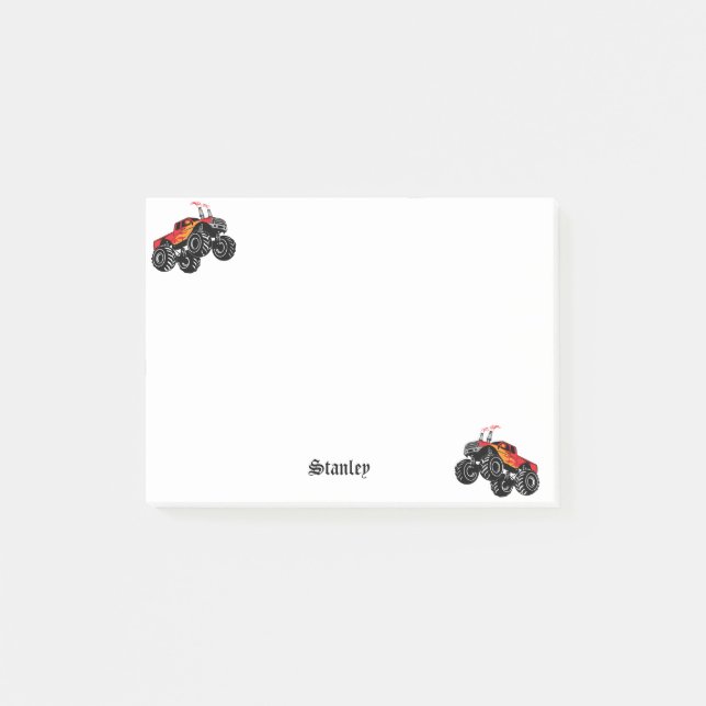 Cute Red Black Personalized Monster Truck Post-it Notes (Front)