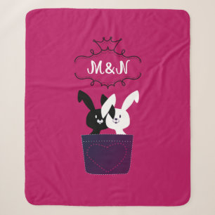 Cute Red Black White Kawaii Bunny Friend Monogram Sherpa Blanket
