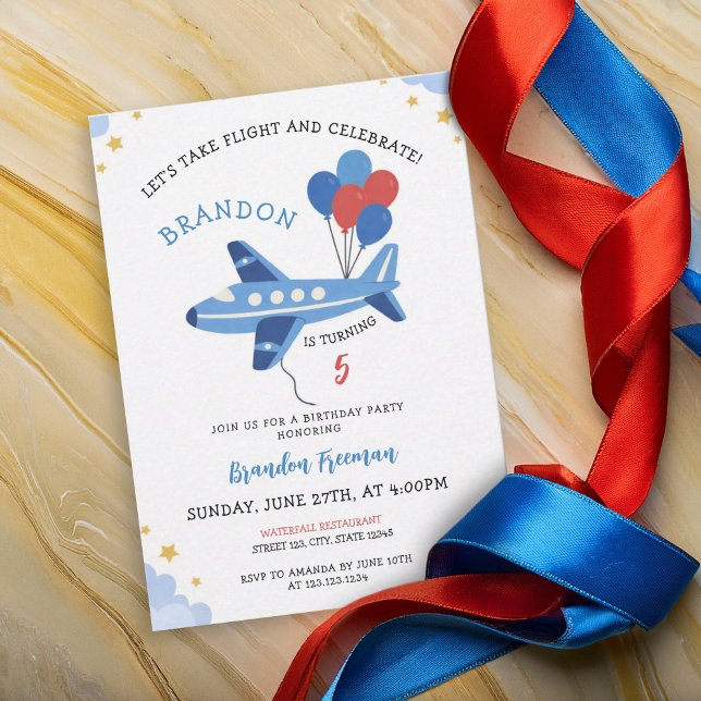 Cute Red & Blue Airplane Balloon 5th Birthday Invitation (Creator Uploaded)