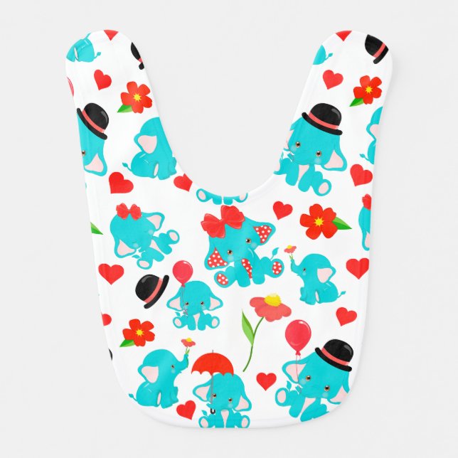 Cute Red Blue Baby Elephants Bib (Front)