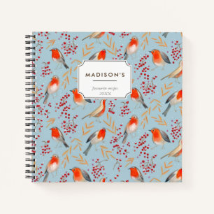 Cute Red blue Christmas bird robin Pattern Notebook