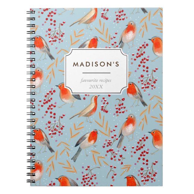 Cute Red blue Christmas bird robin Pattern Notebook (Front)