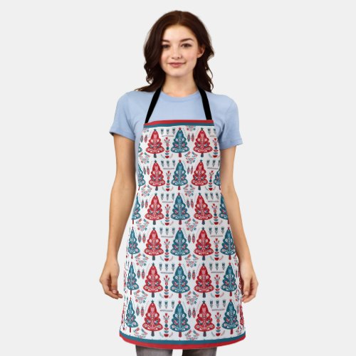 Cute Red Blue Christmas Tree Scandinavian Folk Art Apron