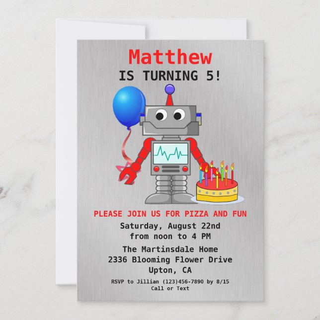 Cute Red, Blue & Gray Robot Birthday Invitation (Front)