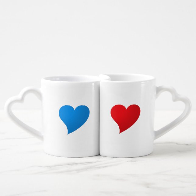 Cute red & blue hearts minimalist his and hers coffee mug set (Front Nesting)