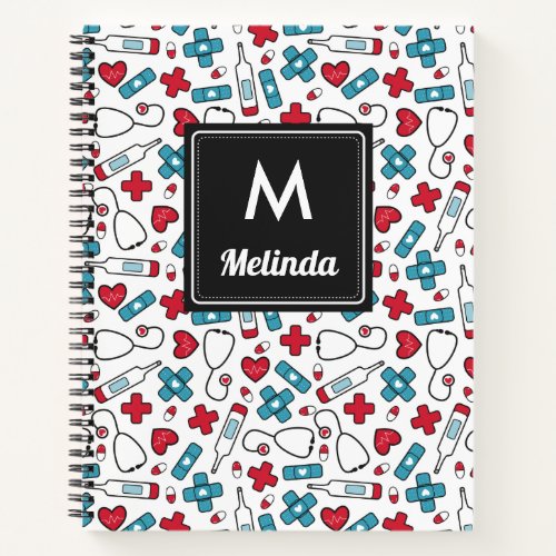 Cute Red Blue Medical Pattern Nurse Monogrammed Notebook