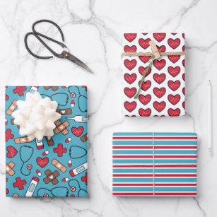 Cute Red Blue Nurse Doctor Medical Pattern Wrapping Paper Sheets