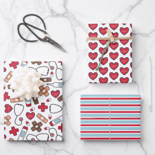 Cute Red Blue Nurse Doctor Medical Patterns Wrapping Paper Sheets