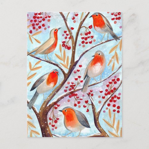 Cute red  blue Robin birds in tree with berries Holiday Postcard